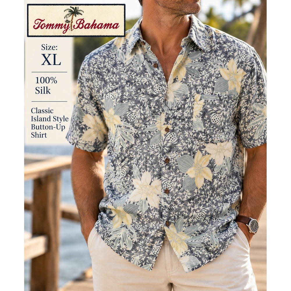 Tommy Bahama Mens XL Silk Floral Button Up Shirt Blue Grey Tropical Camp Casual